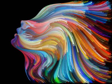 Yüz renk serisi. İnsan profili ve yaratıcılık, tasarım, iç dünya, içgüdü ve sanatsal ruh konusunda boya hareketli renkli çizgiler