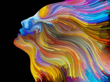 Yüz renk serisi. İnsan profili ve yaratıcılık, tasarım, iç dünya, içgüdü ve sanatsal ruh konusunda boya hareketli renkli çizgiler soyut tasarım yapılmış