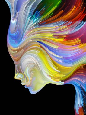 Renk serisinin yüzü. Yaratıcılık, tasarım, iç dünya, insan doğası ve sanatsal ruh projeleri için uygun bir zemin olarak insan profili ve renkli renkli boya çizgileri.