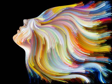 Yüz renk serisi. Sanatsal soyutlama insan profili ve yaratıcılık, tasarım, iç dünya, içgüdü ve sanatsal ruh konusunda boya hareketli renkli çizgiler oluşur