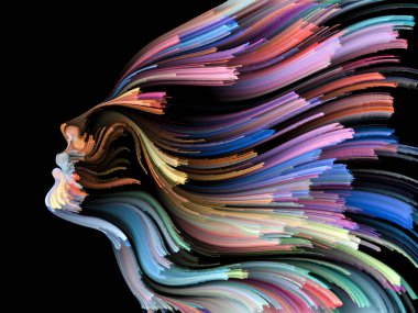 Yüz renk serisi. İnsan profili ve yaratıcılık, tasarım, iç dünya, içgüdü ve sanatsal ruhu projelerde kullanılmak üzere boya hareketli renkli çizgiler arka plan yapılmış