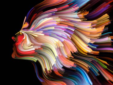 Yüz renk serisi. İnsan profili ve yaratıcılık, tasarım, iç dünya, içgüdü ve sanatsal ruh konusunda boya hareketli renkli çizgiler bileşimi