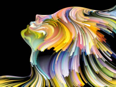 Yüz renk serisi. İnsan profili ve yaratıcılık, tasarım, iç dünya, içgüdü ve sanatsal ruh konusunda boya hareketli renkli çizgiler soyut tasarım yapılmış