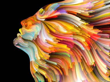 Yüz renk serisi. İnsan profili ve yaratıcılık, tasarım, iç dünya, içgüdü ve sanatsal ruhu projelerde kullanılmak üzere boya hareketli renkli çizgiler arka plan yapılmış