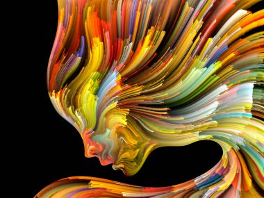 Yüz renk serisi. Tasarım projeleri için fon olarak hizmet etmek için insan profili ve boya hareketli renkli çizgiler yapılmış yaratıcılık, tasarım, iç dünya, içgüdü ve sanatsal ruhu ile ilgili