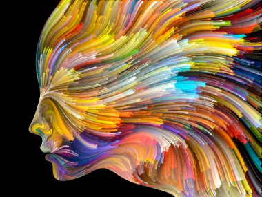 Yüz renk serisi. İnsan profili ve projelerde yaratıcılık, tasarım, iç dünya, içgüdü ve sanatsal ruhu için boya hareketli renkli çizgiler bileşimi