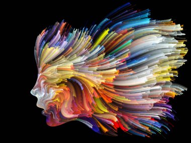 Yüz renk serisi. Görsel açıdan hoş insan profili bileşimi ve boya işleri yaratıcılık, tasarım, iç dünya, insan doğası ve sanatsal ruhu için hareketli renkli çizgiler