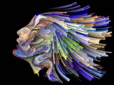 Yüz renk serisi. İnsan profili ve boya düzenleri yaratıcılık, tasarım, iç dünya, insan doğası ve sanatsal ruhu içinde uygun hareketli renkli çizgiler görsel olarak çekici zemin yaptı