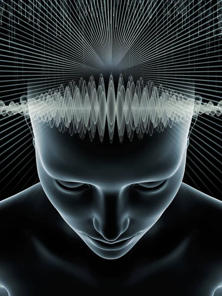 波シリーズを心します 人間の頭および人工知能 知性脳意識をテーマに技術記号の イラストの配置 — ストック写真