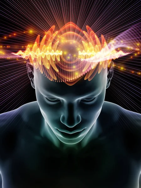 Serie Mind Waves Composición Ilustración Cabeza Humana Símbolos Tecnológicos Adecuados — Foto de Stock