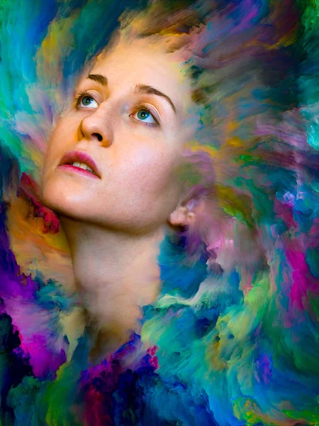 Series Interplay Female Portrait Fused Vibrant Paint Subject Feelings Emotions — Stock Photo, Image