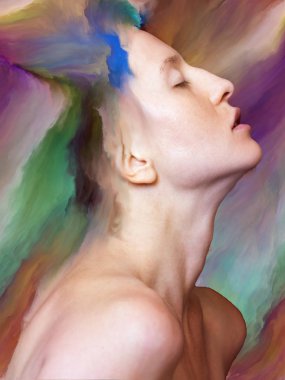 Dünya serisi. Duygular, duygular, iç dünya, yaratıcılık ve hayal gücü üzerine çalışmalar için kadın portresinin canlı boya ile kaynaşmış görsel olarak memnun edici bileşimi