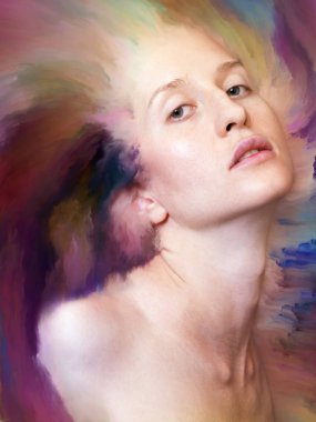 Dünya serisi. Kadın portresinin arka plan tasarımı duygular, duygular, iç dünya, yaratıcılık ve hayal gücü üzerine canlı boyalar ile kaynaştırılmış.