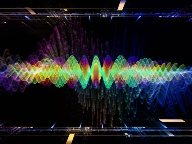 Dalga Fonksiyonu serisi. Ses eşitleyici, müzik spektrumu ve kuantum olasılığının metaforu olarak renkli sinüs titreşimleri, ışık ve fraktal elementlerden oluşan tasarım