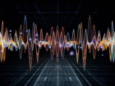 Dalga Fonksiyonu serisi. Ses eşitleyici, müzik spektrumu ve kuantum olasılığı üzerine tasarımınızı tamamlamak için renkli sinüs titreşimleri, ışık ve fraktal elementlerin arkaplanı