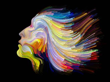 Yüz renk serisi. Sanatsal soyutlama insan profili ve yaratıcılık, tasarım, iç dünya, içgüdü ve sanatsal ruh konusunda boya hareketli renkli çizgiler oluşur