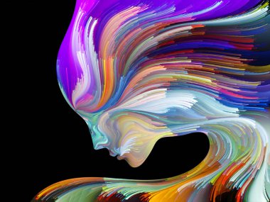 Yüz renk serisi. Zemin insan profili ve yaratıcılık, tasarım, iç dünya, içgüdü ve sanatsal ruh konusunda boya hareketli renkli çizgiler