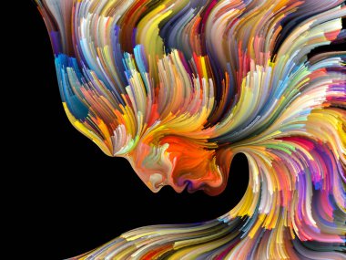 Yüz renk serisi. Tasarım projeleri için fon olarak hizmet etmek için insan profili ve boya hareketli renkli çizgiler yapılmış yaratıcılık, tasarım, iç dünya, içgüdü ve sanatsal ruhu ile ilgili