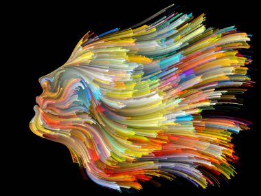 Yüz renk serisi. Görsel açıdan hoş insan profili bileşimi ve boya işleri yaratıcılık, tasarım, iç dünya, insan doğası ve sanatsal ruhu için hareketli renkli çizgiler