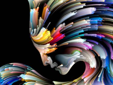 Yüz renk serisi. Zemin insan profili ve yaratıcılık, tasarım, iç dünya, içgüdü ve sanatsal ruh konusunda boya hareketli renkli çizgiler