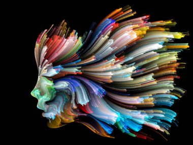 Yüz renk serisi. İnsan profili ve boya bir kavramı mecaz yaratıcılık, tasarım, iç dünya, insan doğası ve sanatsal ruhu konuda hareketli renkli çizgiler yaratıcı düzenleme