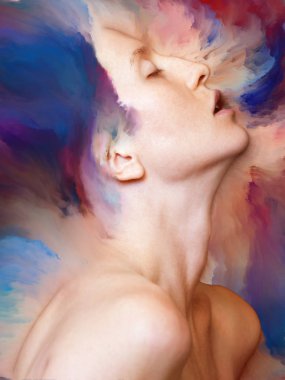 Dünya serisi. Duygular, duygular, iç dünya, yaratıcılık ve hayal gücü üzerine planlara uygun canlı boyalarla kaynaştırılmış kadın portresinden yapılmış görsel çekicilik.