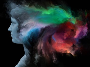 Sis serisi için sorun. Fraktal boya iç dünyası, hayalleri, duygu, yaratıcılık, hayal gücü ve insan aklının konu ile insan kafası 3D render morphed