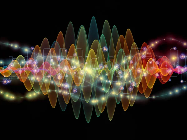 Wave Function series. Composition of colored sine vibrations, light and fractal elements with metaphorical relationship to sound equalizer, music spectrum and  quantum probability