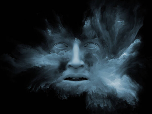 Серия игр Mind Fog. 3D иллюстрация человеческой головы, морфованной фрактальной краской и пригодной для использования в проектах о внутреннем мире, мечтах, эмоциях, творчестве, воображении и человеческом разуме
