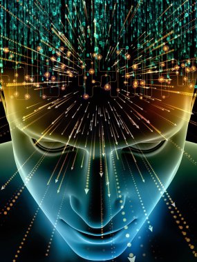 Zihin dizi elemanları. insan kafası ve sembolleri bilim, eğitim ve zihin gücü konusunda teknolojinin 3D çizimi