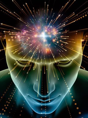 Zihin dizi elemanları. insan kafası ve sembolleri bilim, eğitim ve zihin gücü konusunda teknolojinin 3D çizimi