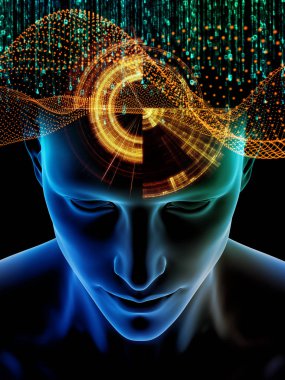 Zihin dizi elemanları. insan kafası ve sembolleri bilim, eğitim ve zihin gücü konusunda teknolojinin 3D çizimi