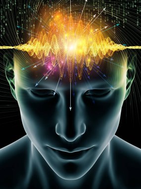 Dalgalar serisi için sorun. İnsan kafası ve teknoloji sembolleri bilinç, beyin, akıl ve yapay zeka ile ilgili projelerde uygun 3d çizimi soyut kompozisyon