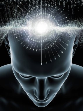 Dalgalar serisi için sorun. İnsan kafası ve bilinç, beyin, akıl ve yapay zeka teknolojisi simgeler 3d çizimi grafik bileşimi