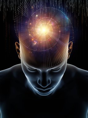 Dalgalar serisi için sorun. Bilinç, beyin, akıl ve yapay zeka için insan kafası ve teknoloji simgeler 3d çizimi yaratıcı düzenleme