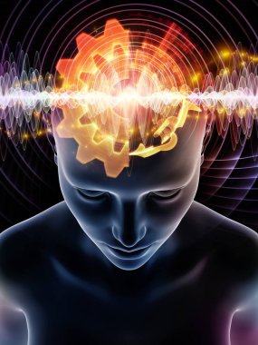 Dalgalar serisi için sorun. İnsan kafası ve teknoloji sembolleri uygun bir zemin olarak bilinç, beyin, akıl ve yapay zeka üzerinde projeler için 3d çizimi bileşimi