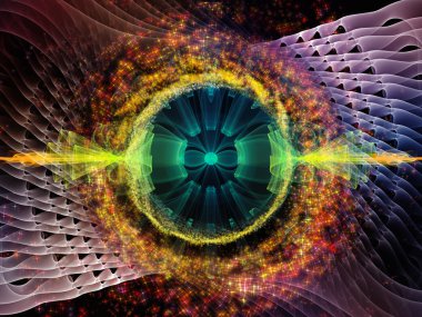 Dalga Fonksiyonu serisi. Ses eşitleyici, müzik spektrumu ve kuantum olasılığı için renkli sinüs titreşimleri, ışık ve fraktal elementlerin grafiksel bileşimi