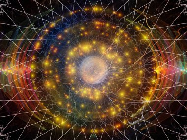 Dalga Fonksiyonu serisi. Ses eşitleyici, müzik spektrumu ve kuantum olasılığı üzerine renkli sinüs titreşimleri, ışık ve fraktal elementlerin arkaplanı