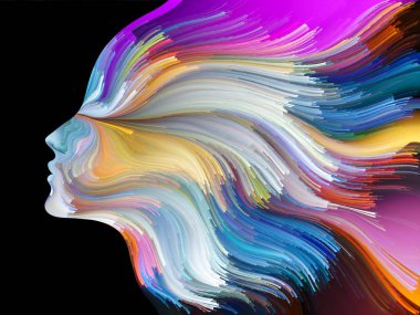 Yüz renk serisi. İnsan profili ve yaratıcılık, tasarım, iç dünya, içgüdü ve sanatsal ruhu projelerde kullanılmak üzere boya hareketli renkli çizgiler arka plan yapılmış