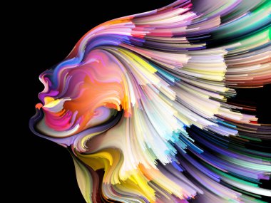 Yüz renk serisi. İnsan profili ve yaratıcılık, tasarım, iç dünya, içgüdü ve sanatsal ruh konusunda boya hareketli renkli çizgiler