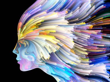 Yüz renk serisi. Zemin insan profili ve boya hareketli renkli çizgiler oluşmaktadır ve yaratıcılık, tasarım, iç dünya, içgüdü ve sanatsal ruhu projelerde kullanıma uygun