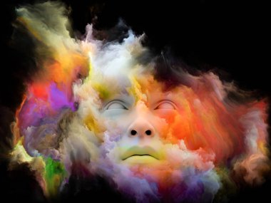 Sis serisi için sorun. Fraktal boya iç dünyası, hayalleri, duygu, yaratıcılık, hayal gücü ve insan aklının konu ile insan yüzü 3D render morphed