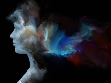 Sis serisi için sorun. Fraktal boya iç dünyası, hayalleri, duygu, yaratıcılık, hayal gücü ve insan aklının konu ile insan yüzü 3D render morphed