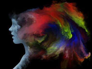 Sis serisi için sorun. Fraktal boya iç dünyası, hayalleri, duygu, yaratıcılık, hayal gücü ve insan aklının konu ile insan yüzü 3D render morphed