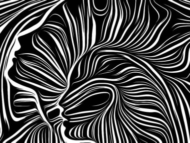 İç geometri serisi. İnsan ruhu, iç tiyatro, sanat, şiir ve Maneviyat konusundaki geleneksel gravür tarzında işlenmiş yüz insan etkileşimi