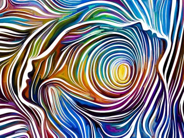 Soyut insan yüzü öğeleri ve Maneviyat, yaratıcılık, hayal gücü ve sanat konusunda renkli vitray desen tasarım