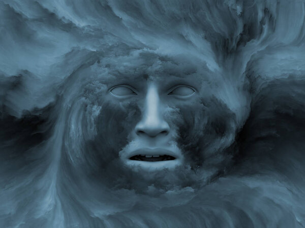 Серия игр Mind Fog. 3D иллюстрация человеческой головы, морфованной фрактальной краской и пригодной для использования в проектах о внутреннем мире, мечтах, эмоциях, творчестве, воображении и человеческом разуме
