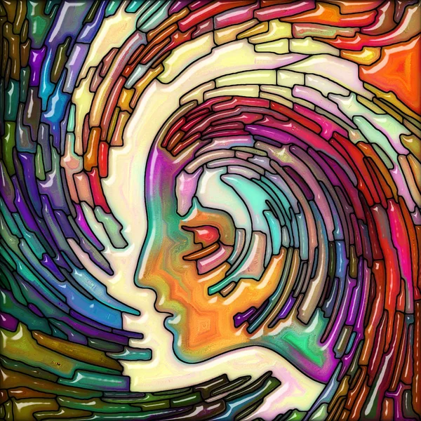 人間の顔とカラフルなステンド グラス パターン渦巻波の想像力 創造性 霊性と芸術をテーマに — ストック写真