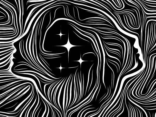 Inner Stars series. Abstract design made of human face rendered in traditional woodcut style on the subject of human soul, internal drama, art, poetry and spirituality