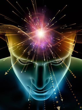 Zihin dizi elemanları. insan kafası ve sembolleri bilim, eğitim ve zihin gücü konusunda teknolojinin 3D çizimi